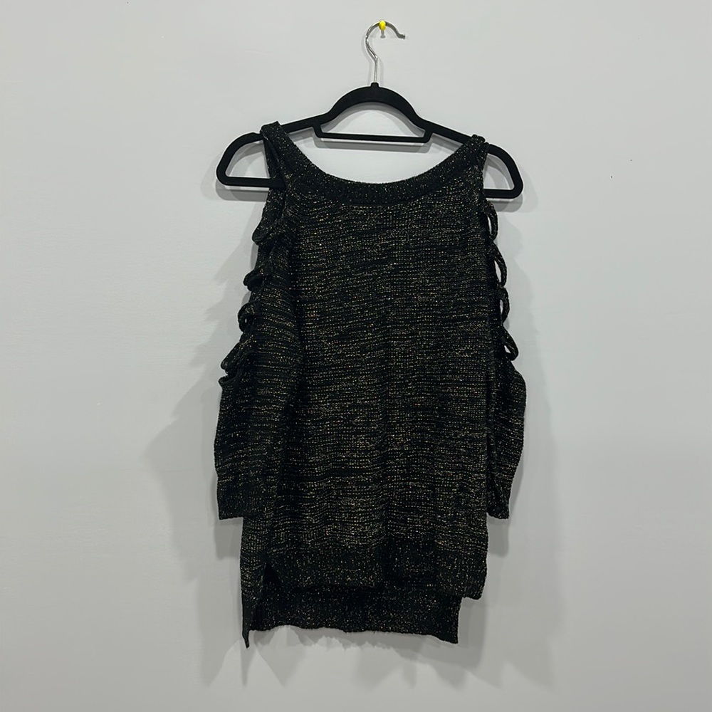 Metallic black & silver oversized highlow sweater with arm cutouts and boat neck